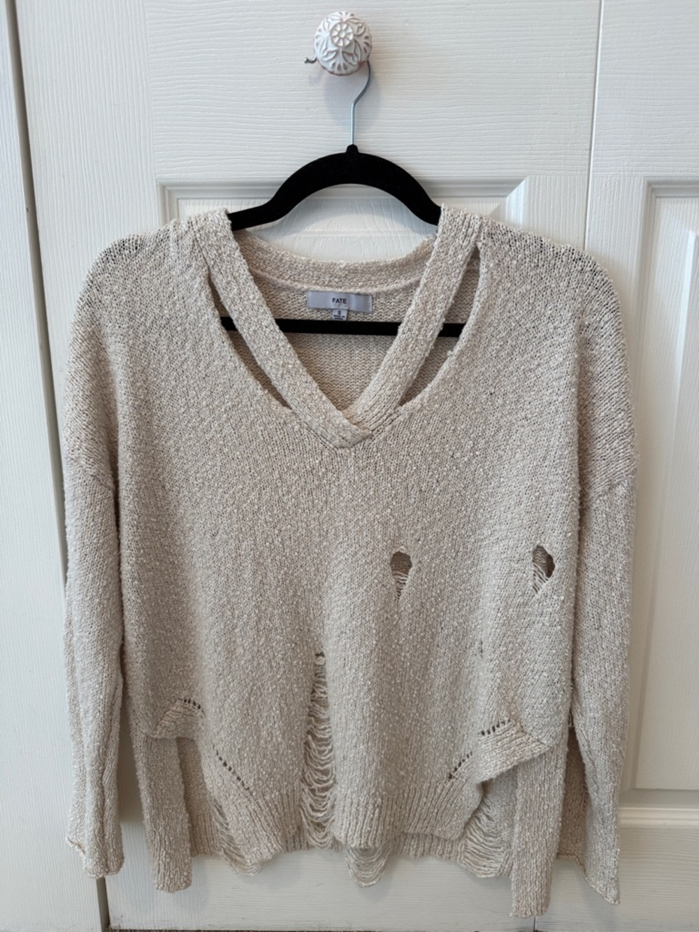 Fate Beige Distressed V-Neck Sweater
